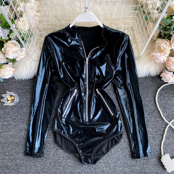 2021 new pu bodysuits club wear playsuit elegant long sleeve bodysuit faux leather jumpsuits streetwear body z6di, White;black